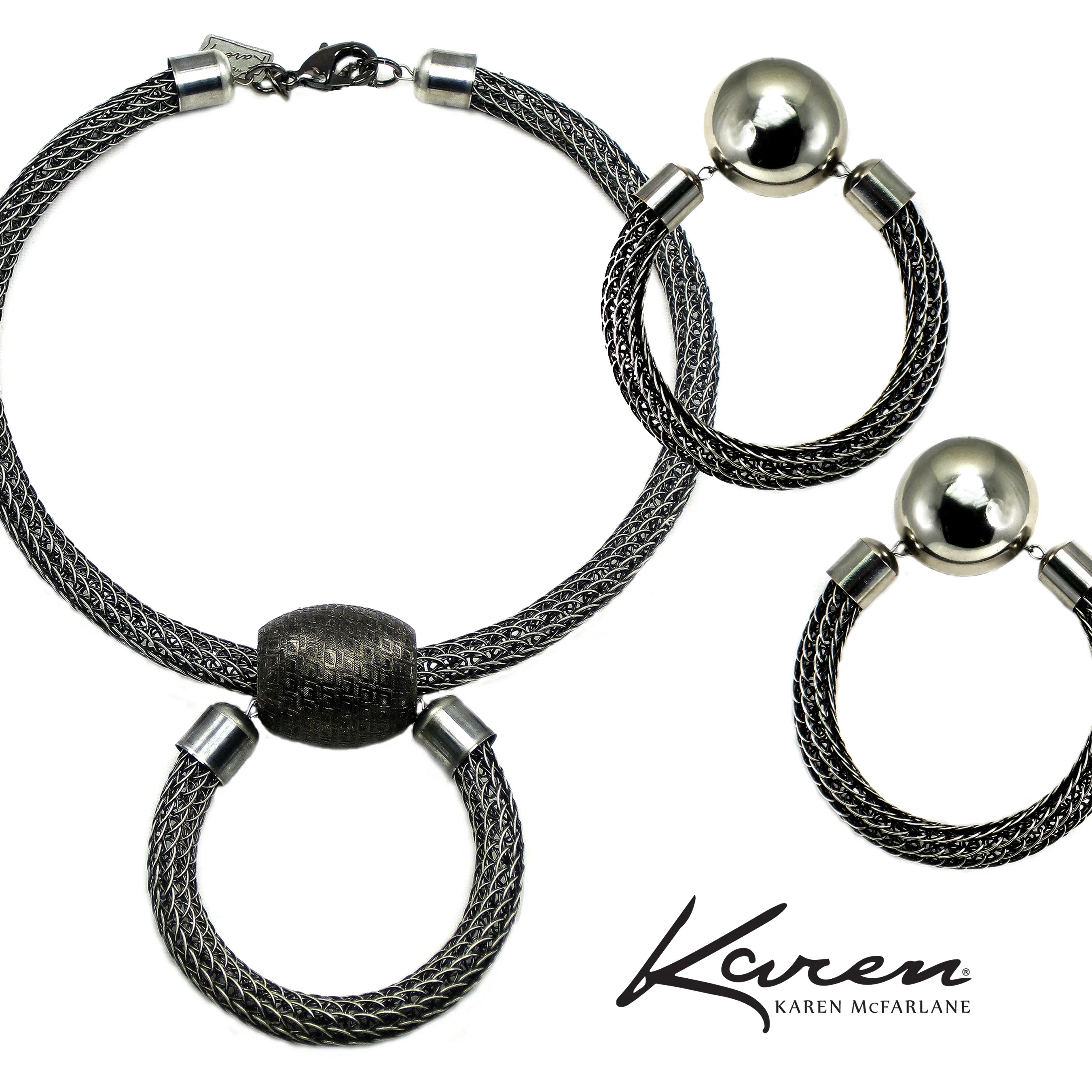 #107n Gunmetal Metal Mesh Necklace With Hoop
