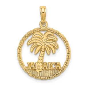 14K Yellow Gold Polished Texture Finish JAMAICA & Palm Tree with Banner Sign in Round Disk Shape Charm Pendant