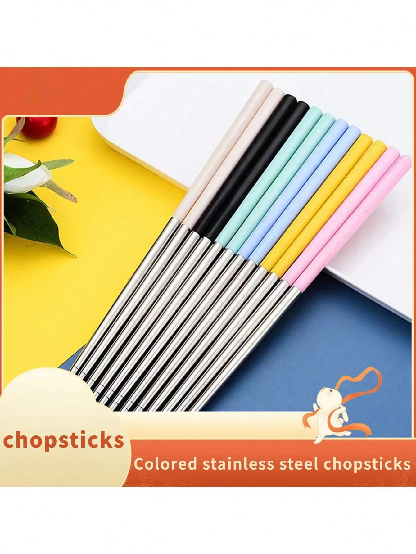 1pc/A Pair Of Wheat Straw 304 Stainless Steel Chopsticks Color Chopsticks National Tide Wind Cross-Border E-Commerce Chopsticks Color