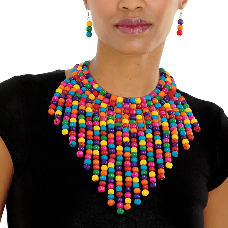 African Inspired Multilayered Wooden Bead Tassel Necklace Set