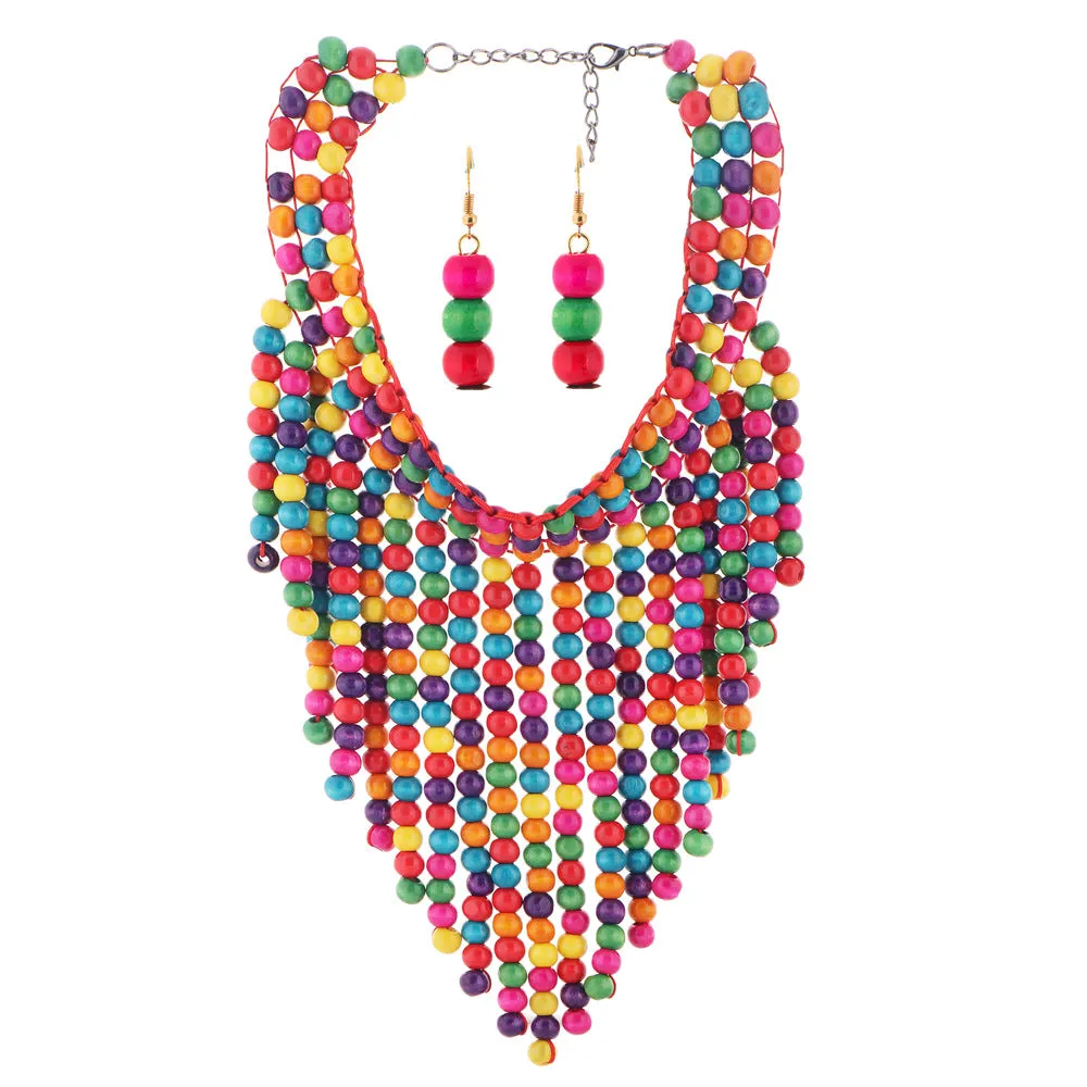 African Inspired Multilayered Wooden Bead Tassel Necklace Set