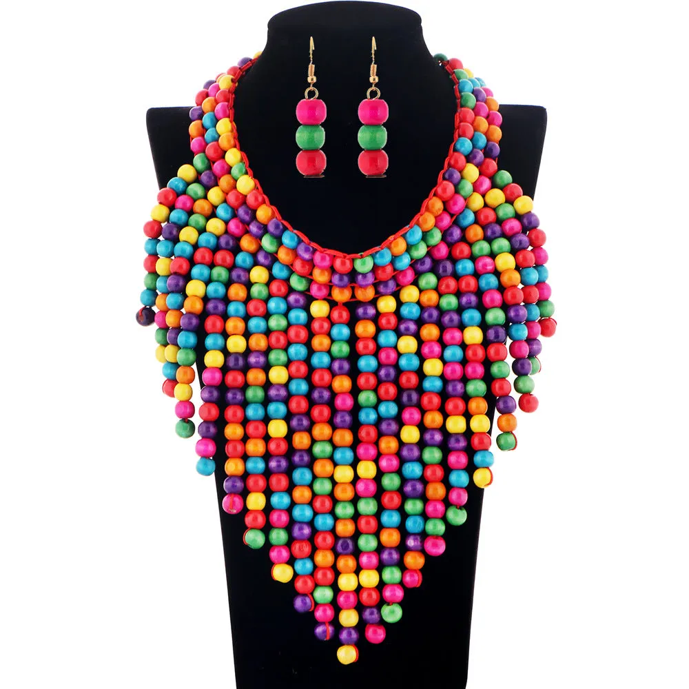 African Inspired Multilayered Wooden Bead Tassel Necklace Set