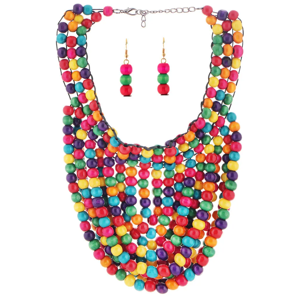 African Inspired Multilayered Wooden Bead Tassel Necklace Set