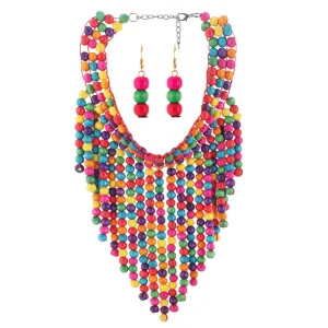 African Inspired Multilayered Wooden Bead Tassel Necklace Set