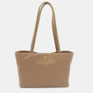Beige Calfskin Quilted Book Pocket Shopping Tote Bag