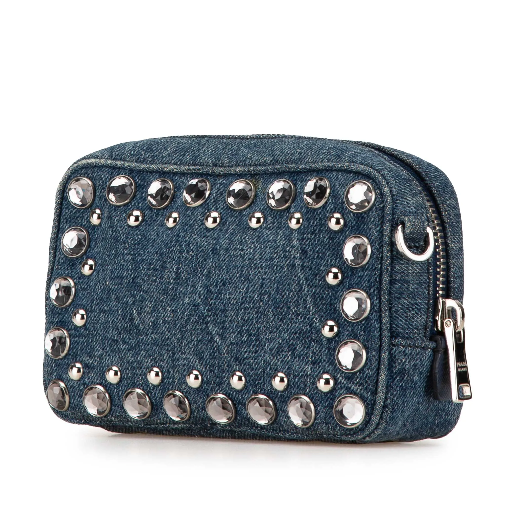Blue Prada Mini Denim Studded Embellished Camera Crossbody