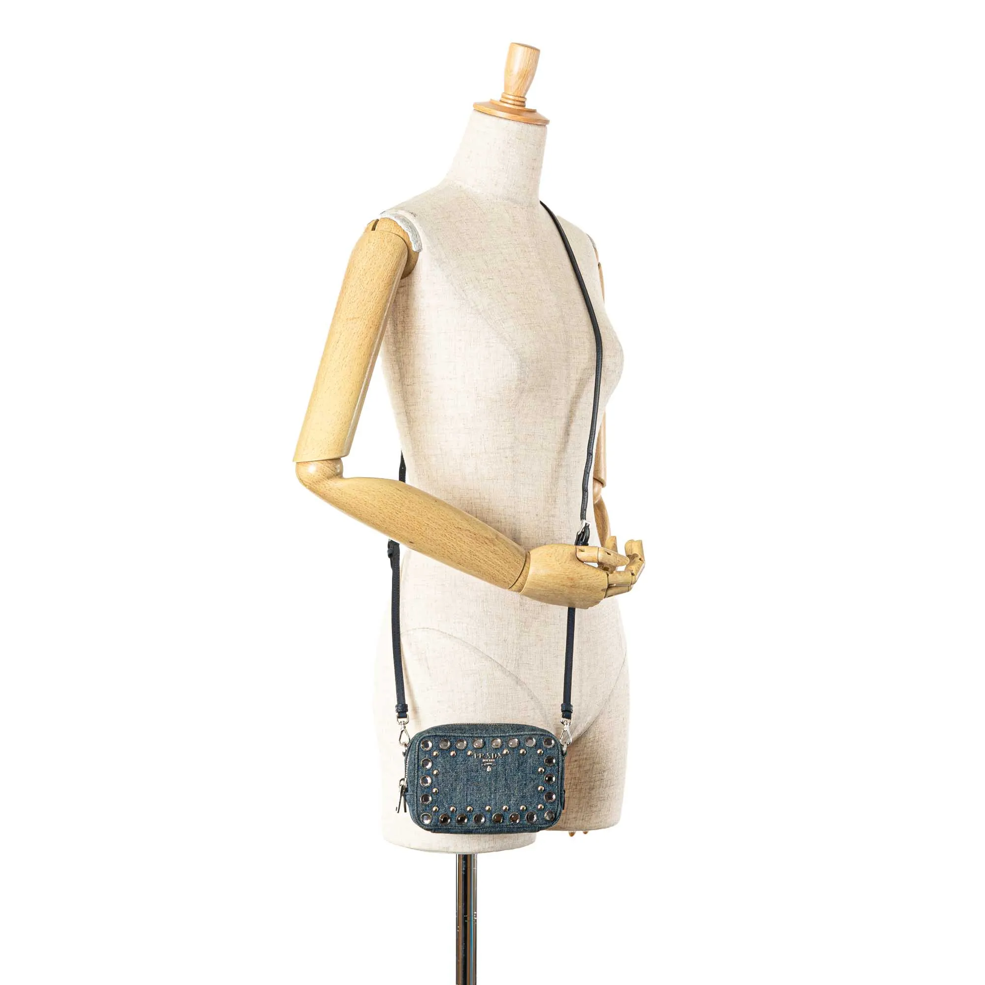 Blue Prada Mini Denim Studded Embellished Camera Crossbody
