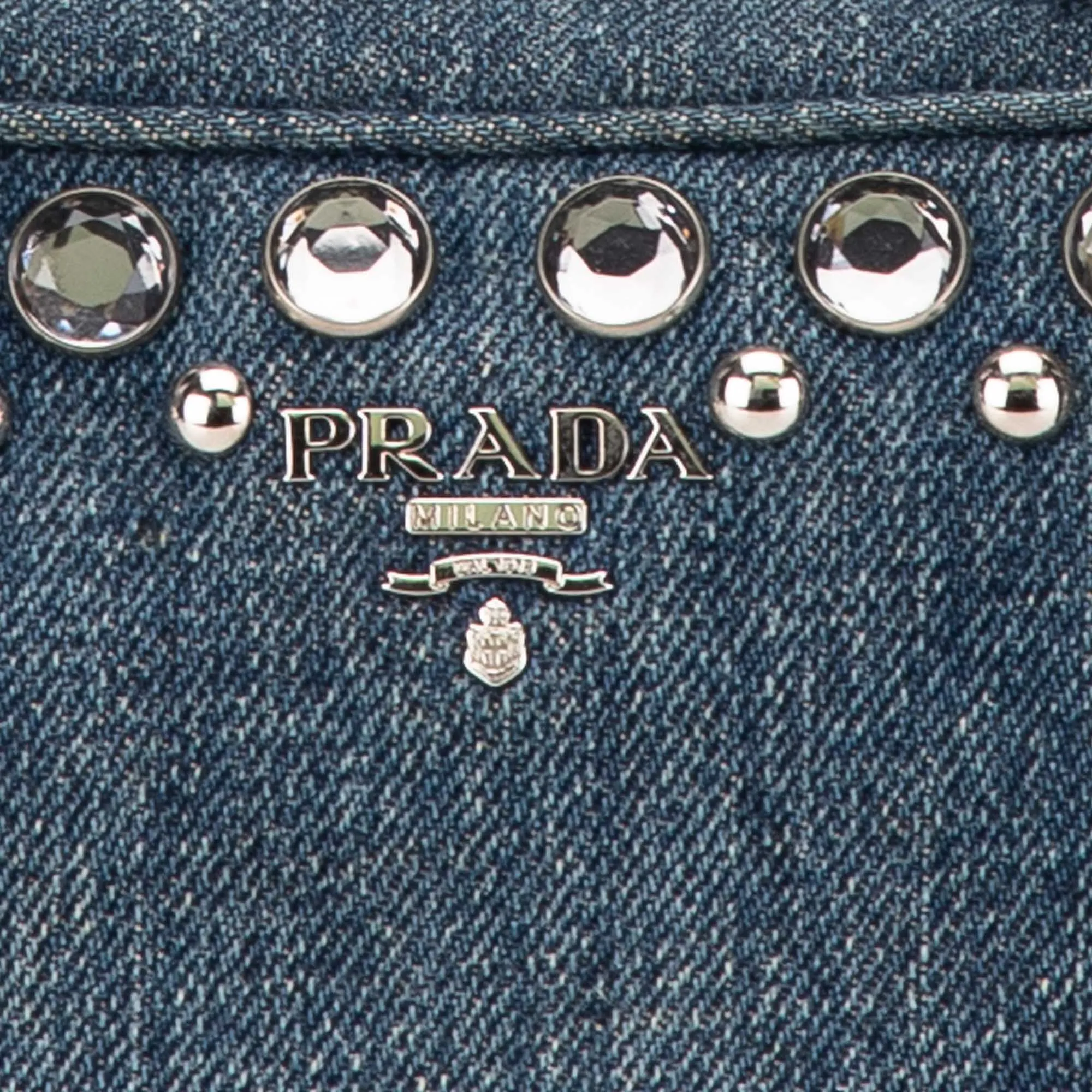 Blue Prada Mini Denim Studded Embellished Camera Crossbody