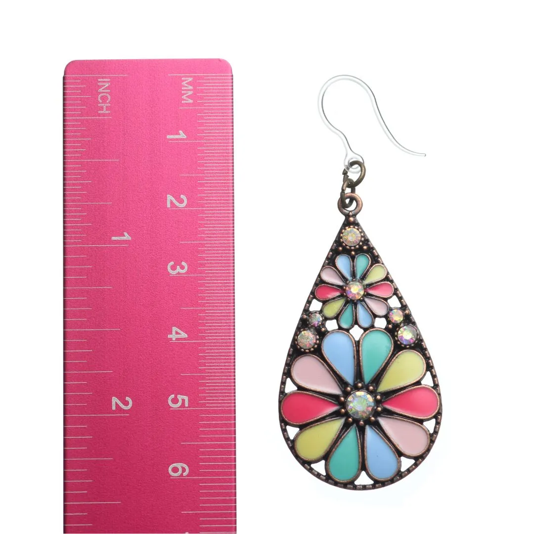 Bronze Bejeweled Flower Earrings Dangles Hypoallergenic Earrings for Sensitive Ears Made with Plastic Posts