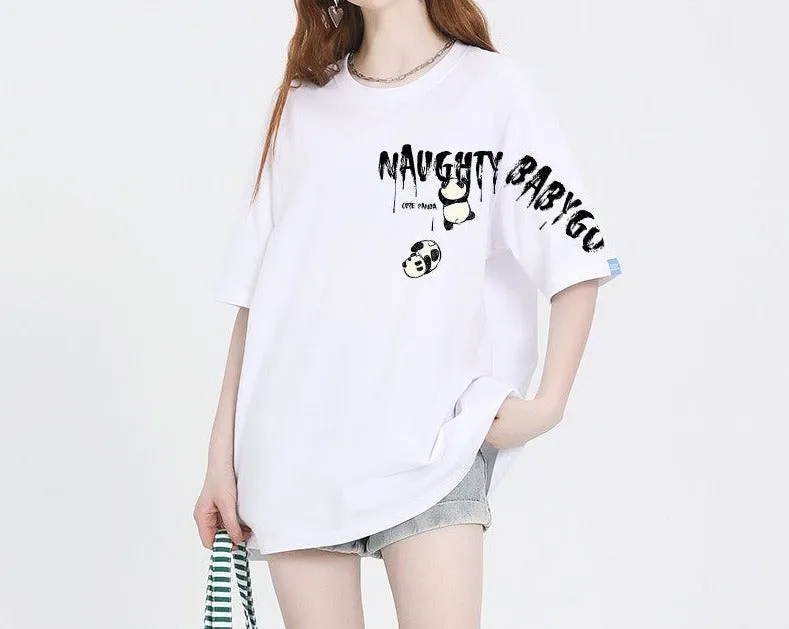 Brown T-shirt women's short-sleeved panda print cotton loose fit