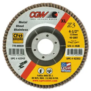 CGW Abrasives Prem Z3 Reg T29 Flap Disc, Regular, 4", 60 Grit, 5/8 Arbor, 15,300 rpm, 42124
