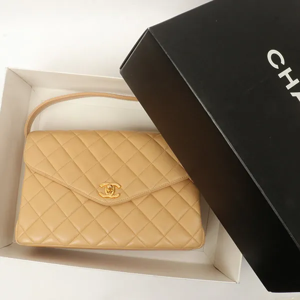 Chanel Around 1997 Made V-Flap Turn-Lock Handbag Beige