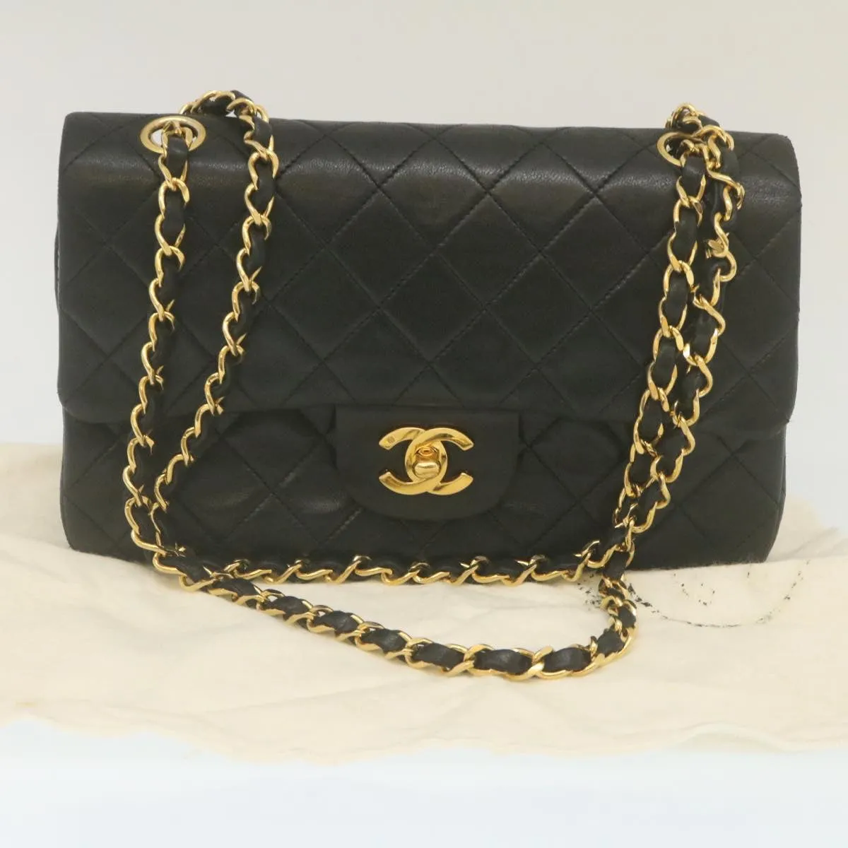 CHANEL Classic Matelasse 23 Chain Flap Shoulder Bag Lamb Skin Black Auth lt398A