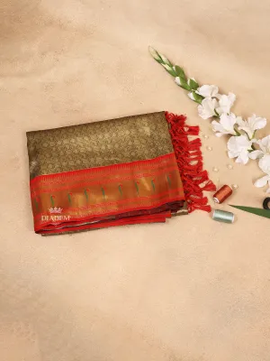Dark Green Semi Banarasi Saree with Checked Design on the Body with Contrast Border