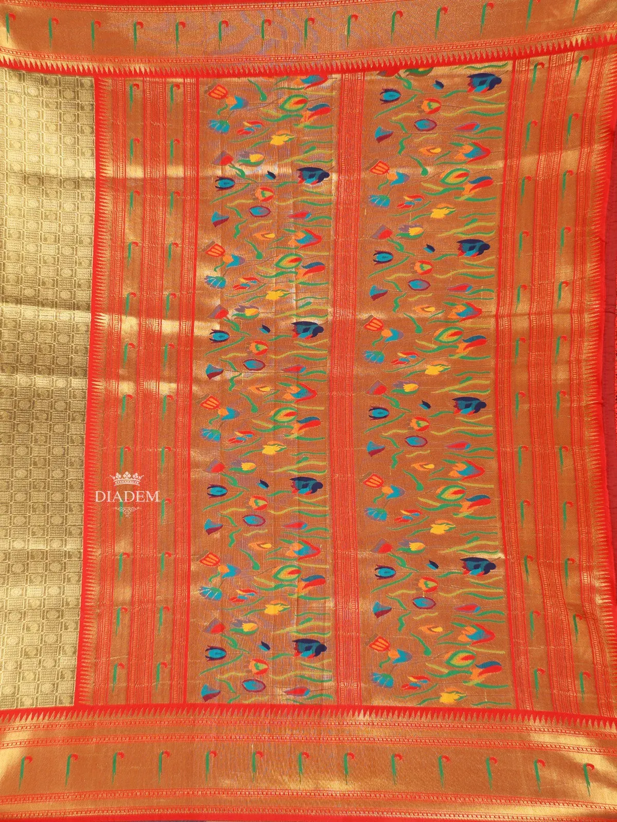 Dark Green Semi Banarasi Saree with Checked Design on the Body with Contrast Border