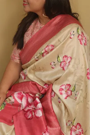 Exquisite Stunning Pastel Banarasi Digital Printed Tussar Silk Saree