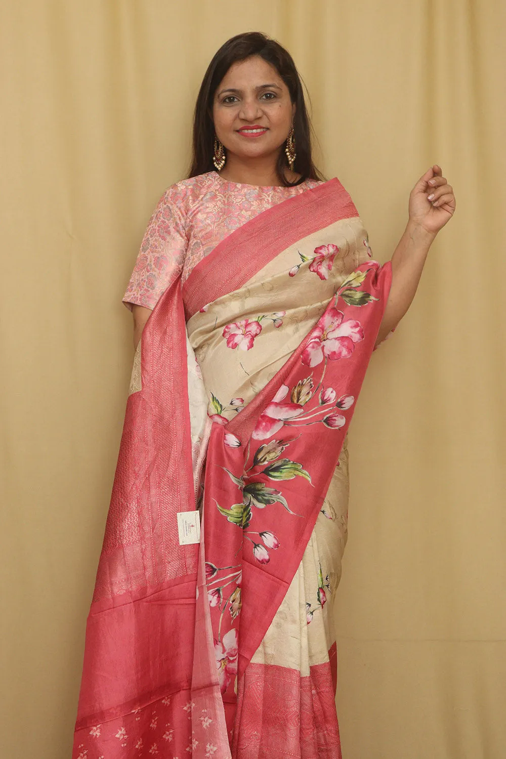 Exquisite Stunning Pastel Banarasi Digital Printed Tussar Silk Saree