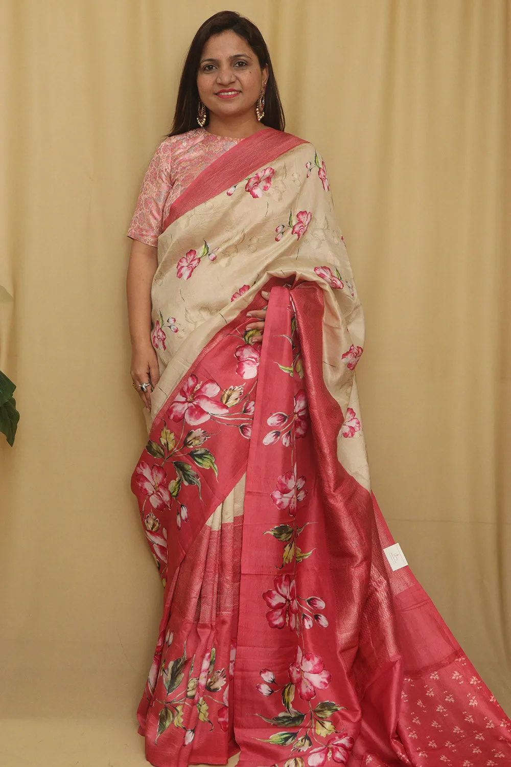 Exquisite Stunning Pastel Banarasi Digital Printed Tussar Silk Saree