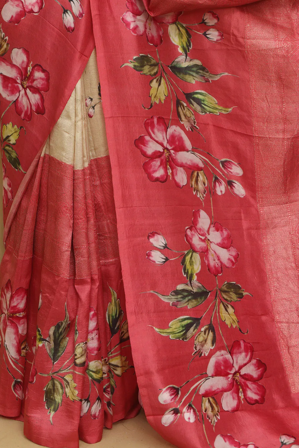 Exquisite Stunning Pastel Banarasi Digital Printed Tussar Silk Saree