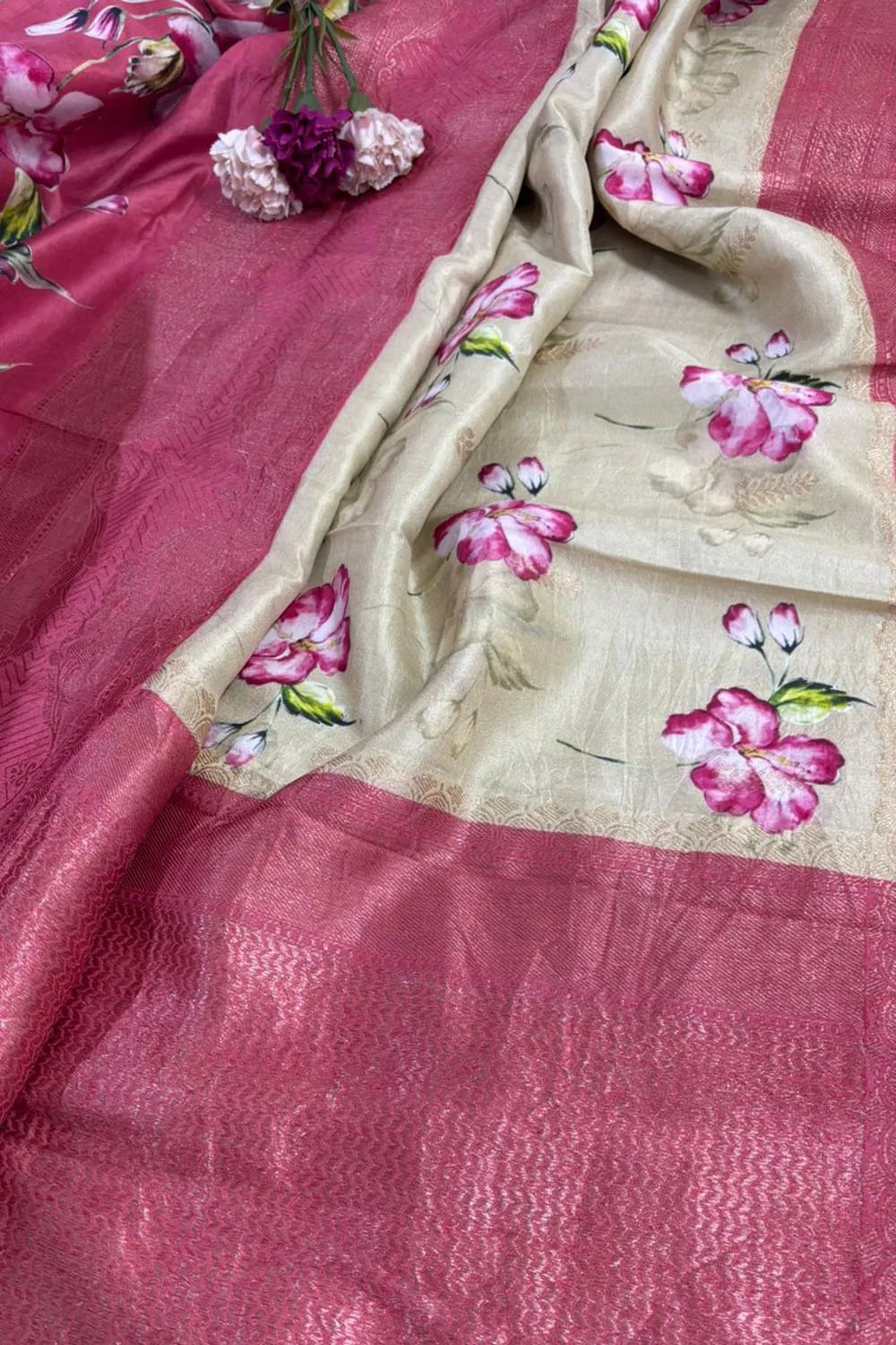 Exquisite Stunning Pastel Banarasi Digital Printed Tussar Silk Saree