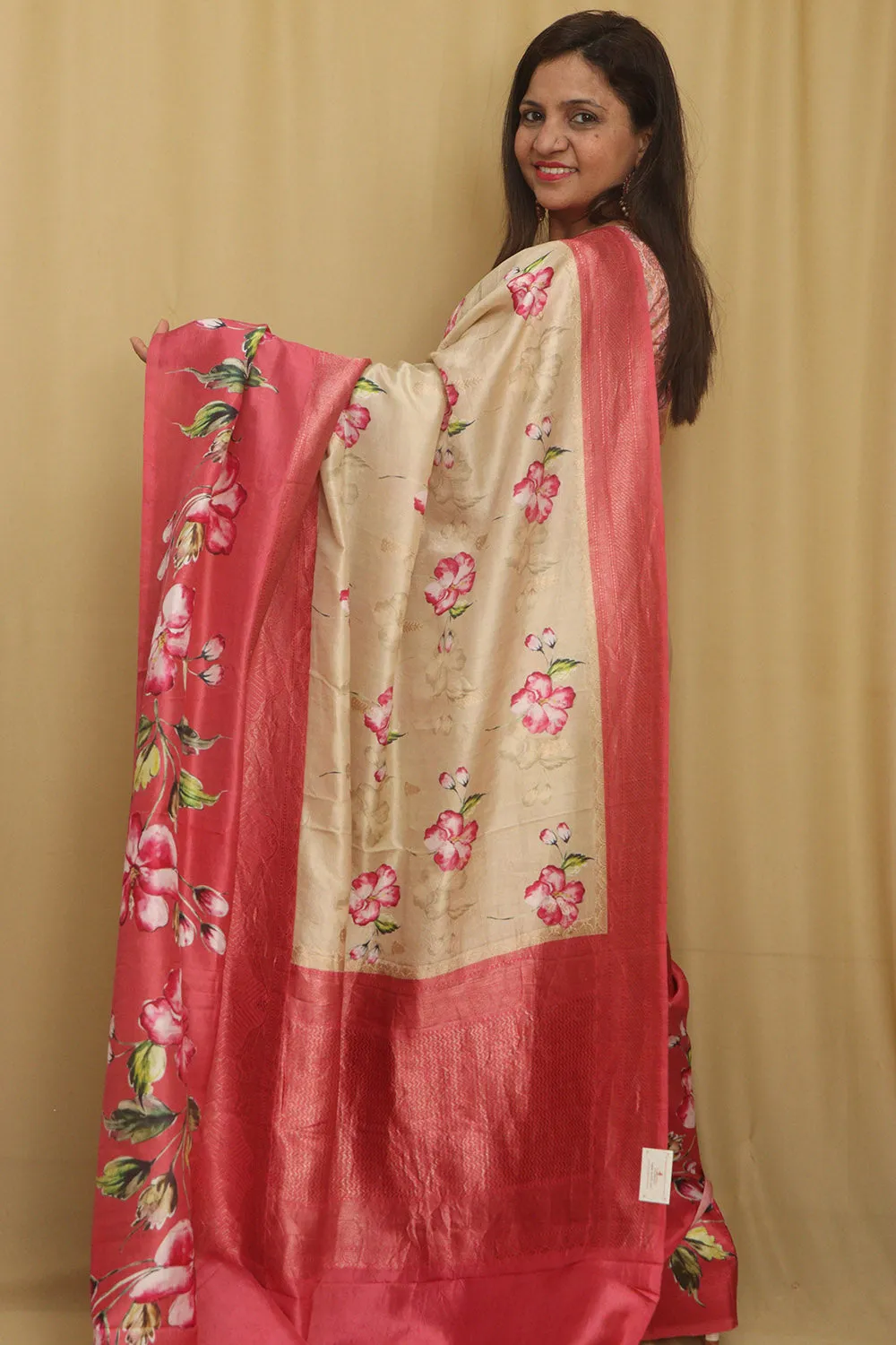 Exquisite Stunning Pastel Banarasi Digital Printed Tussar Silk Saree