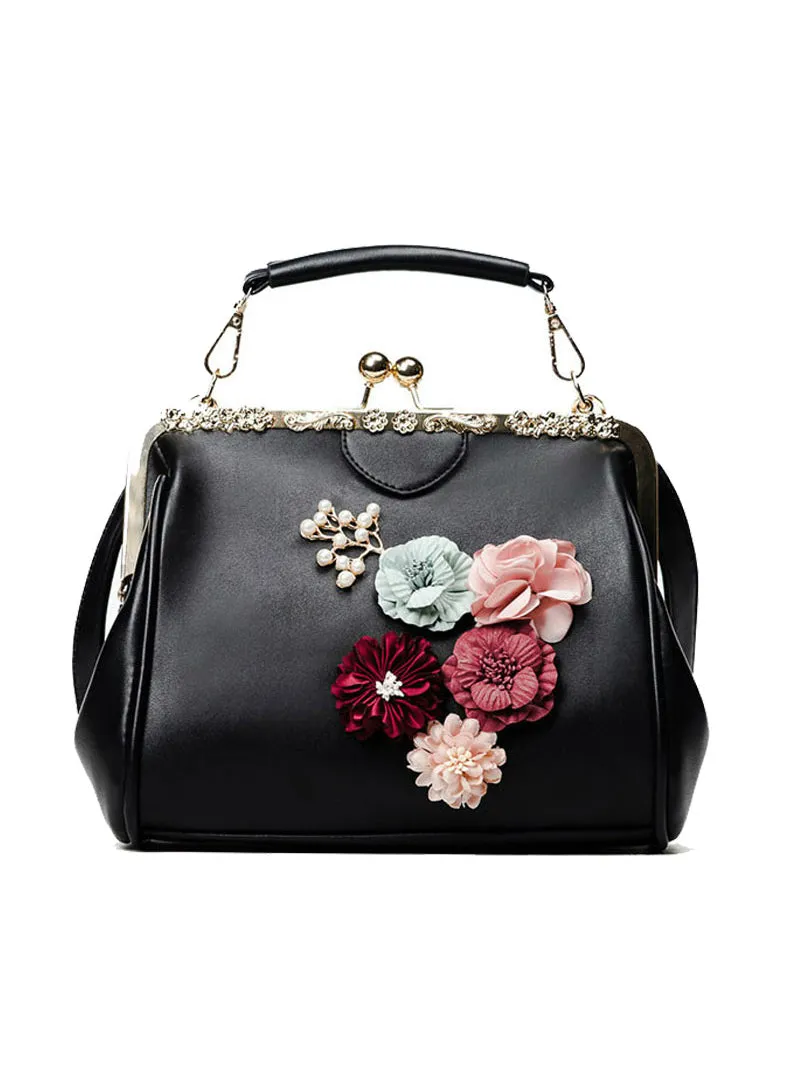 Flower Metal Frame Handbag Beaded Messenger Bag