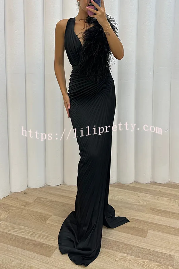 Forever Stunning Pleated Feather Trim Slit Evening Maxi Dress