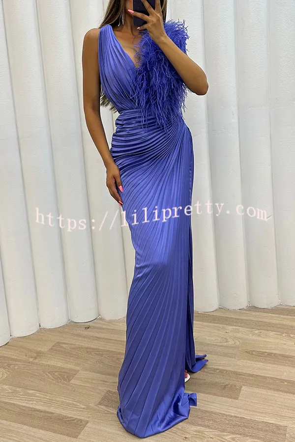 Forever Stunning Pleated Feather Trim Slit Evening Maxi Dress