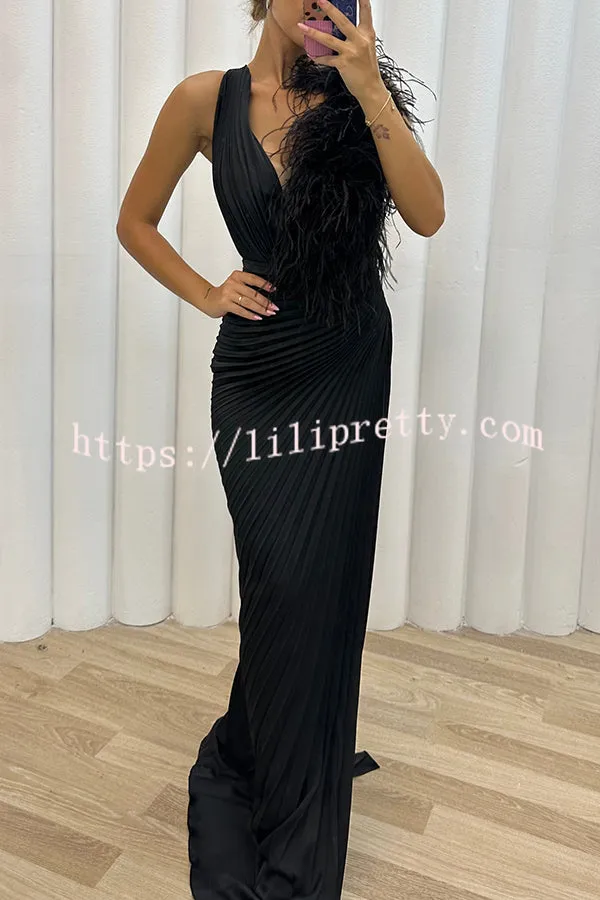 Forever Stunning Pleated Feather Trim Slit Evening Maxi Dress