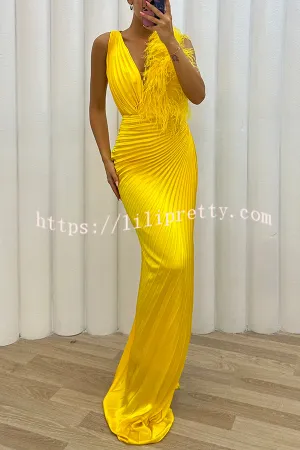 Forever Stunning Pleated Feather Trim Slit Evening Maxi Dress
