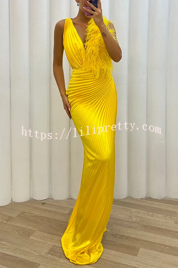 Forever Stunning Pleated Feather Trim Slit Evening Maxi Dress