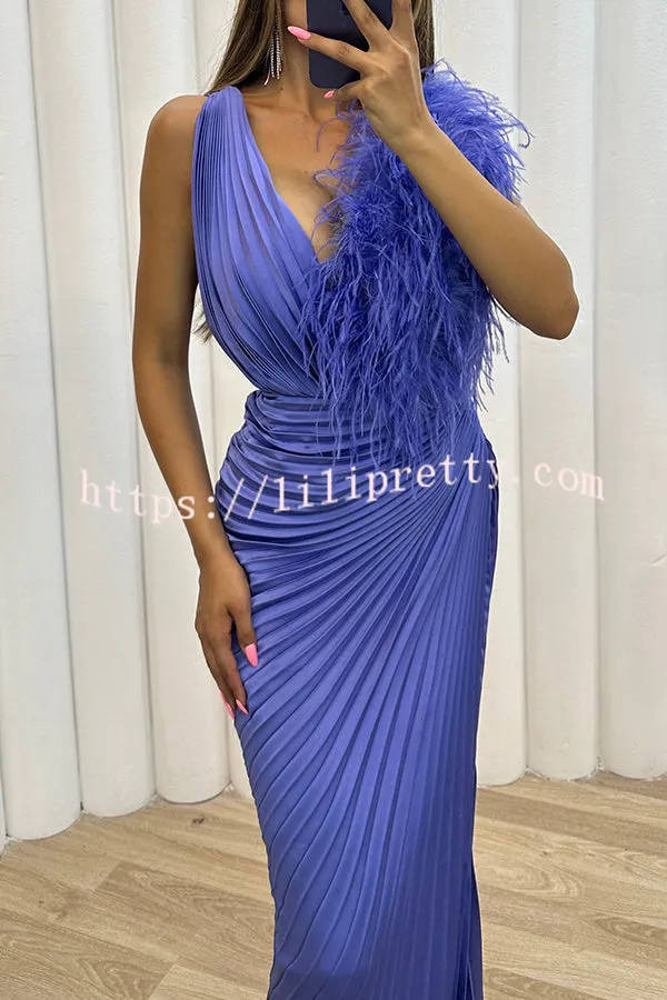 Forever Stunning Pleated Feather Trim Slit Evening Maxi Dress
