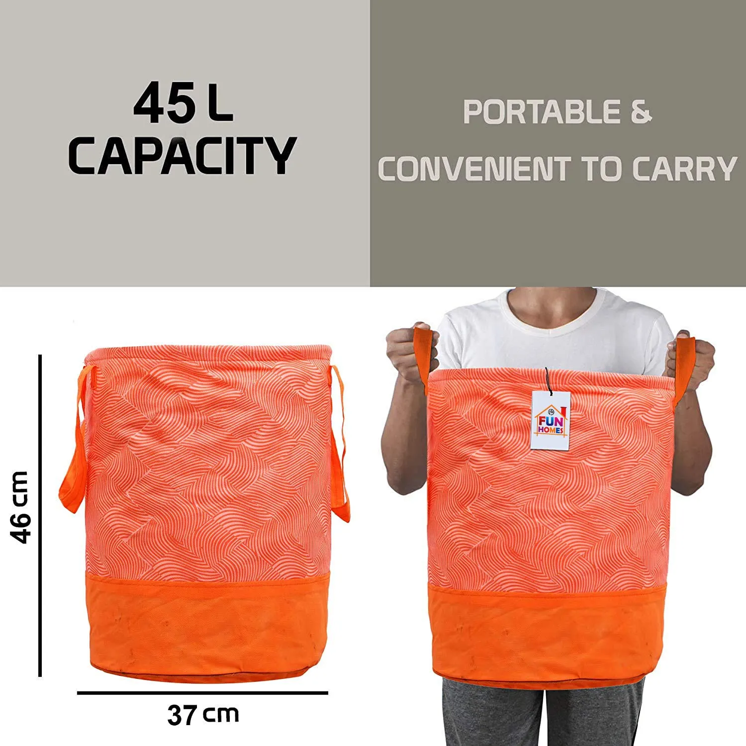 Fun Homes Laheriya Printed Waterproof Non-Woven Laundry Bag,Toy Storage,Laundry Basket Organizer 45 L (Orange), Pack of 2 (Fun055)(Canvas)