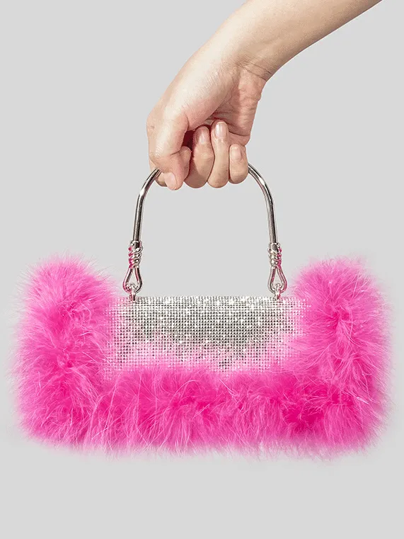 Furry Rhinestone Evening Clutch Bag