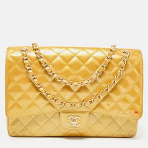 Gold Quilted Patent Leather Maxi Classic Single Flap Bag