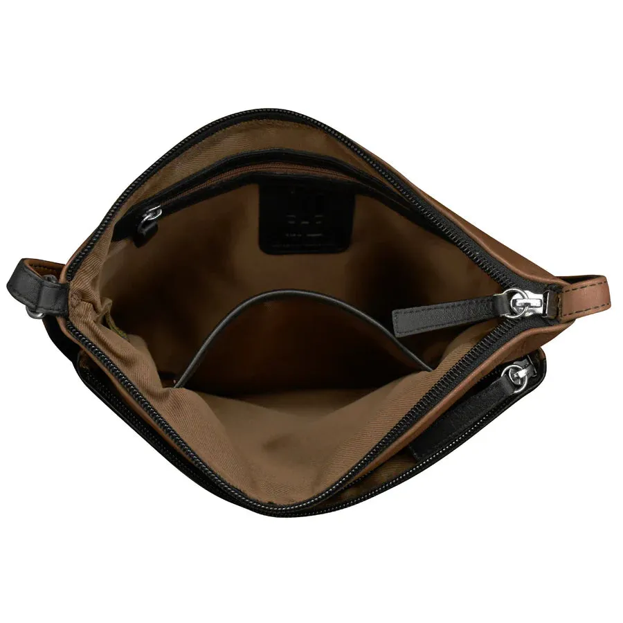Handbag Double Zip Crossbody BagTofe/Black Leather RFID Blocking 6028