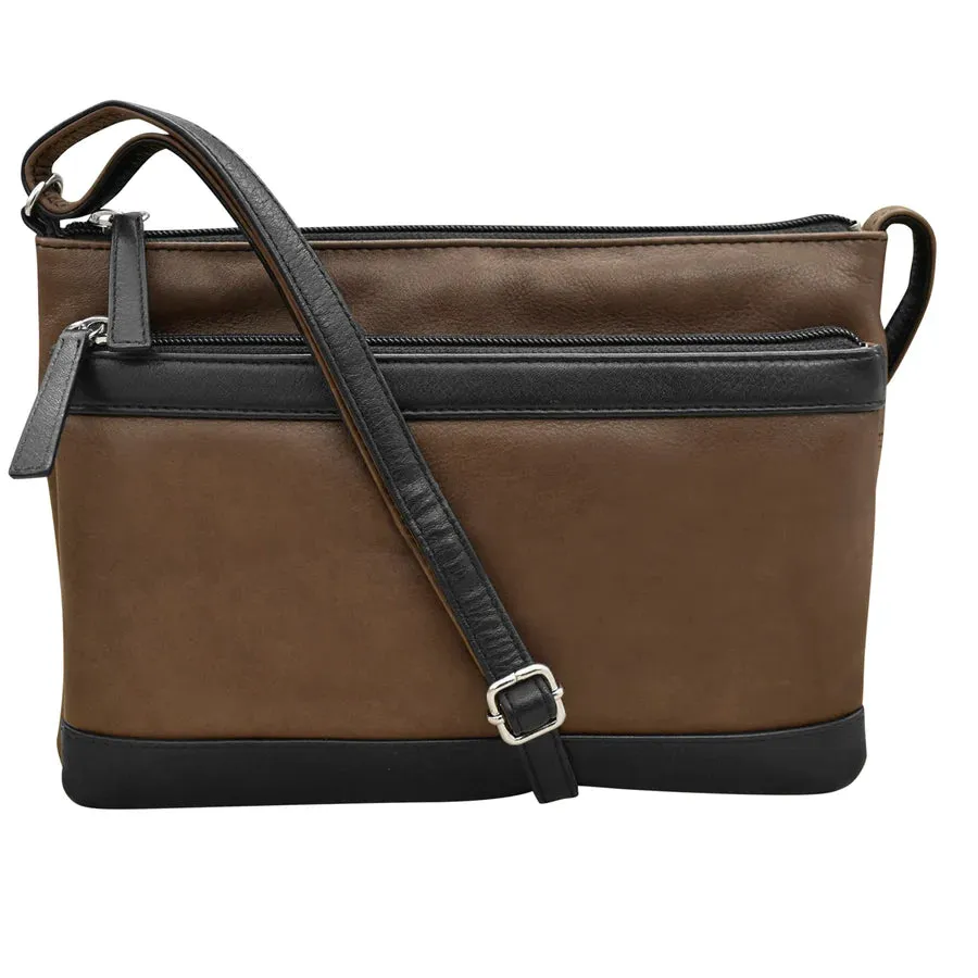 Handbag Double Zip Crossbody BagTofe/Black Leather RFID Blocking 6028
