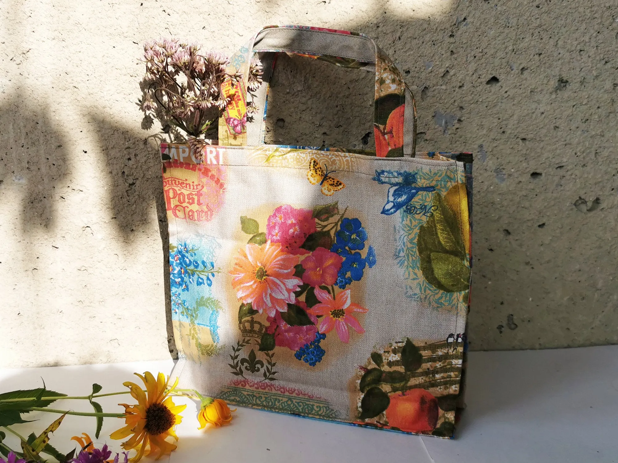 Handmade shopping tote bag with colorful print
