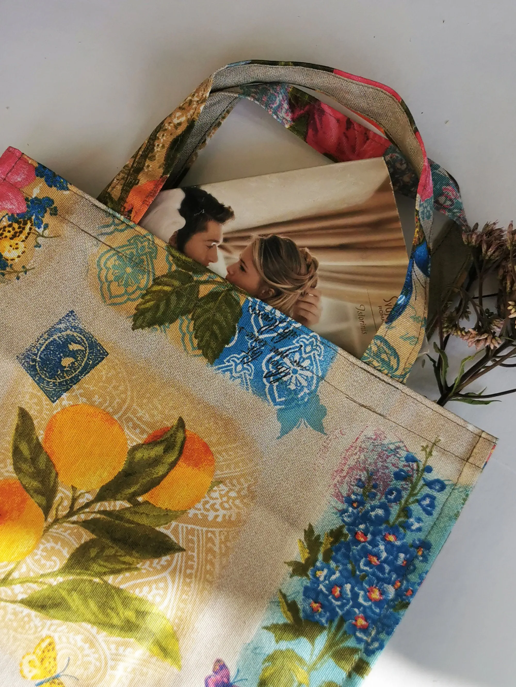 Handmade shopping tote bag with colorful print