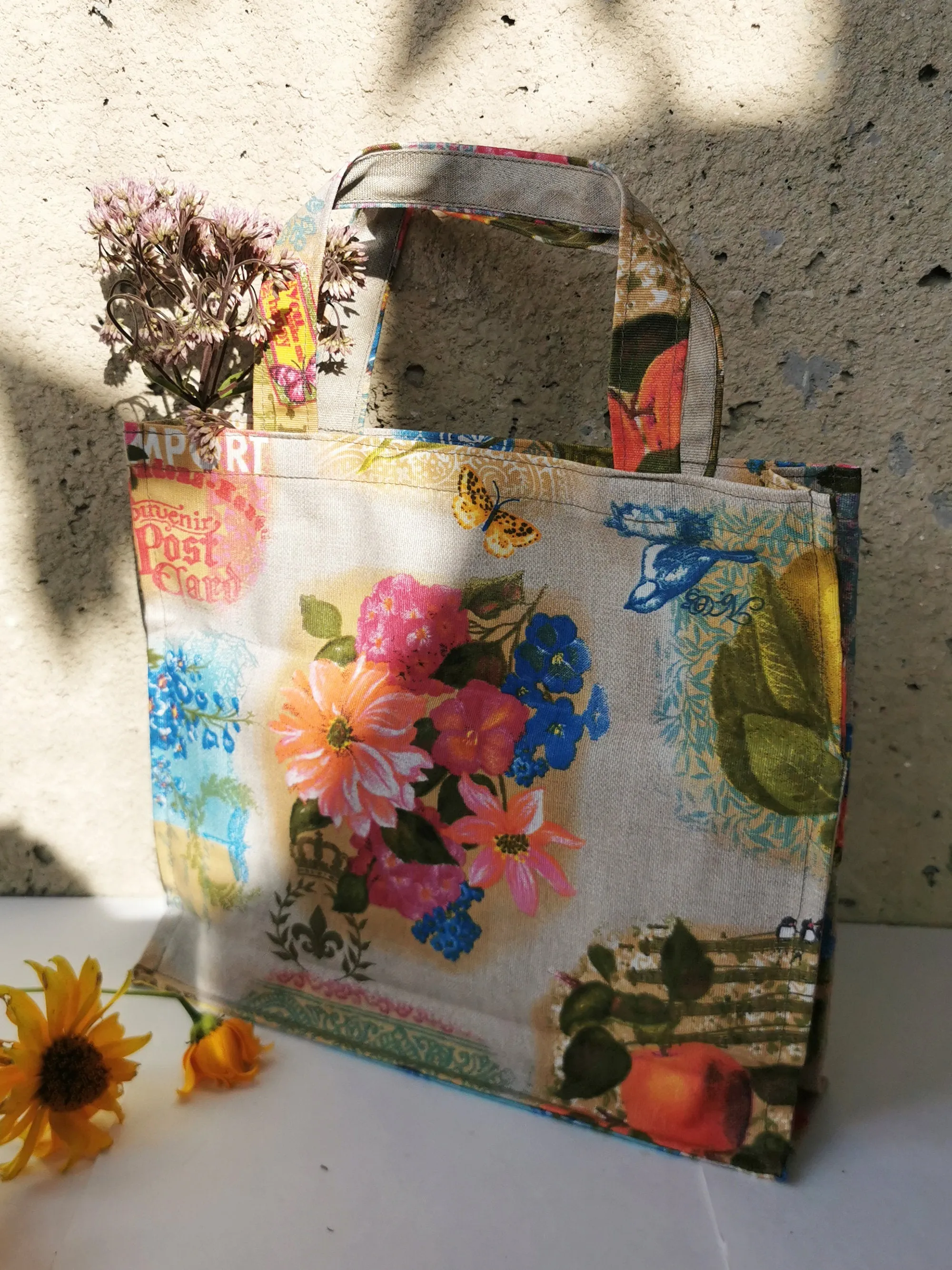 Handmade shopping tote bag with colorful print