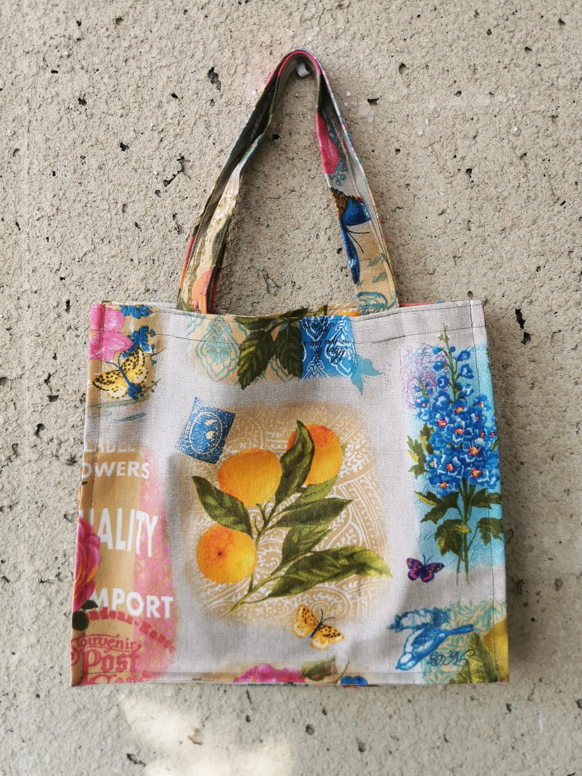 Handmade shopping tote bag with colorful print