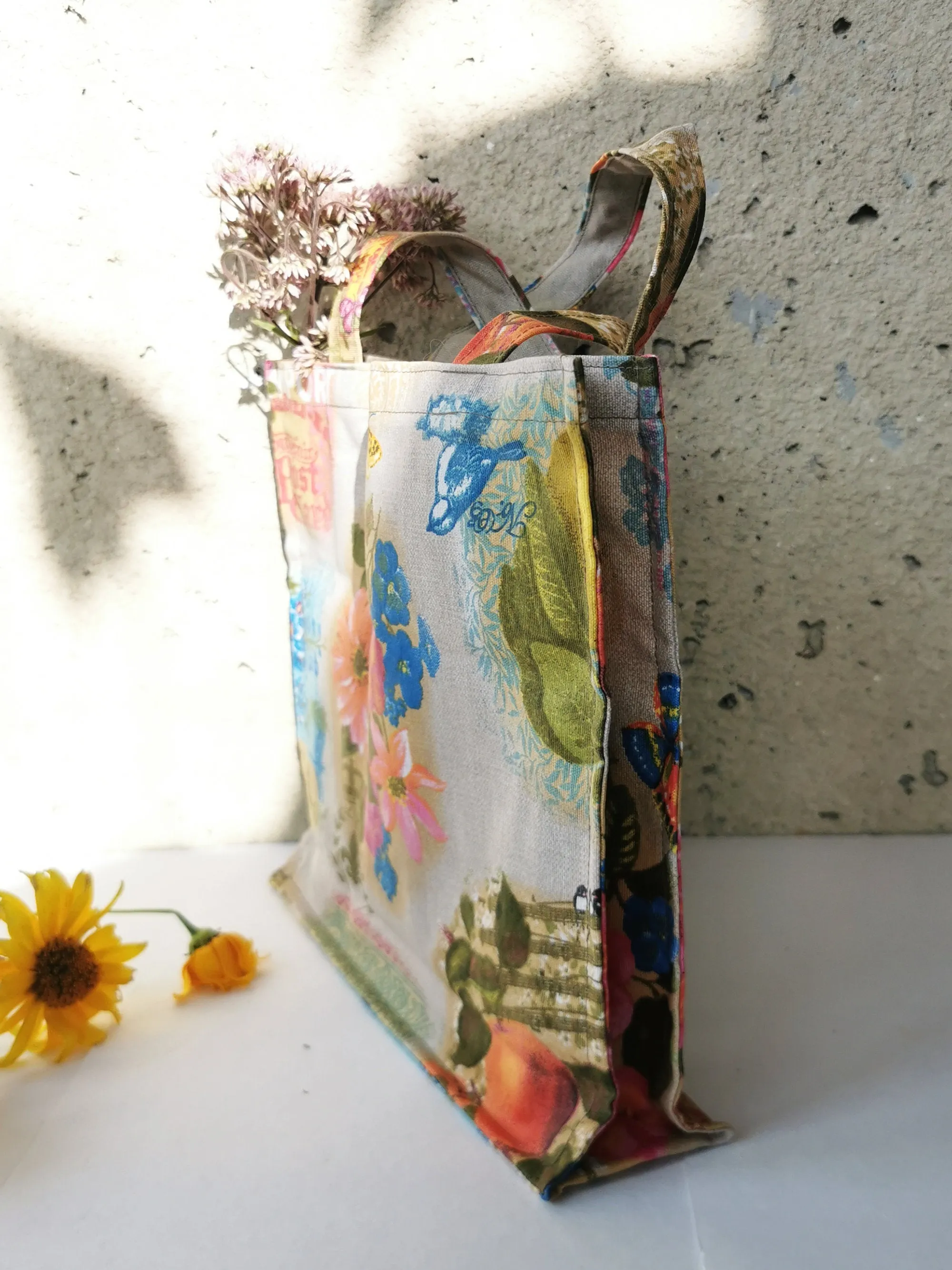Handmade shopping tote bag with colorful print