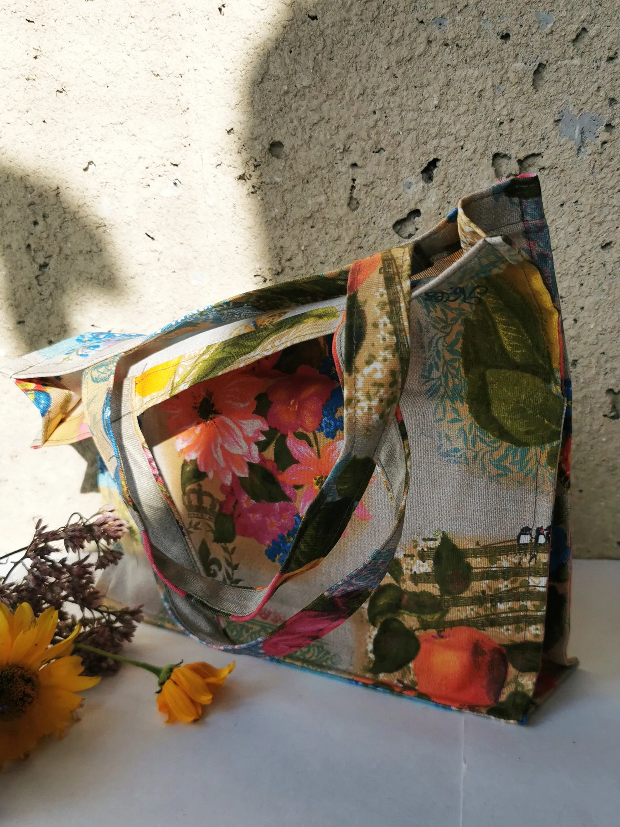 Handmade shopping tote bag with colorful print