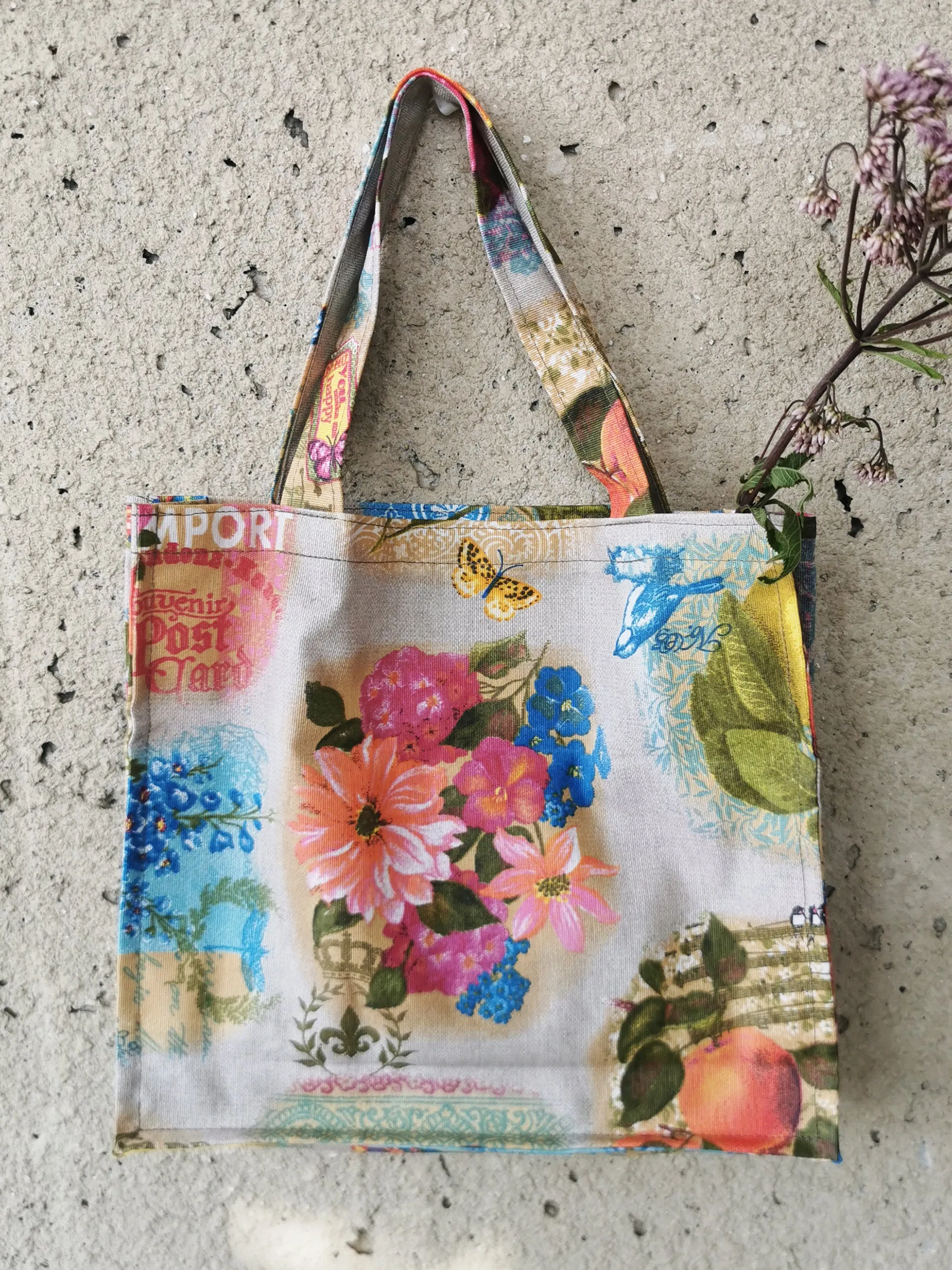 Handmade shopping tote bag with colorful print