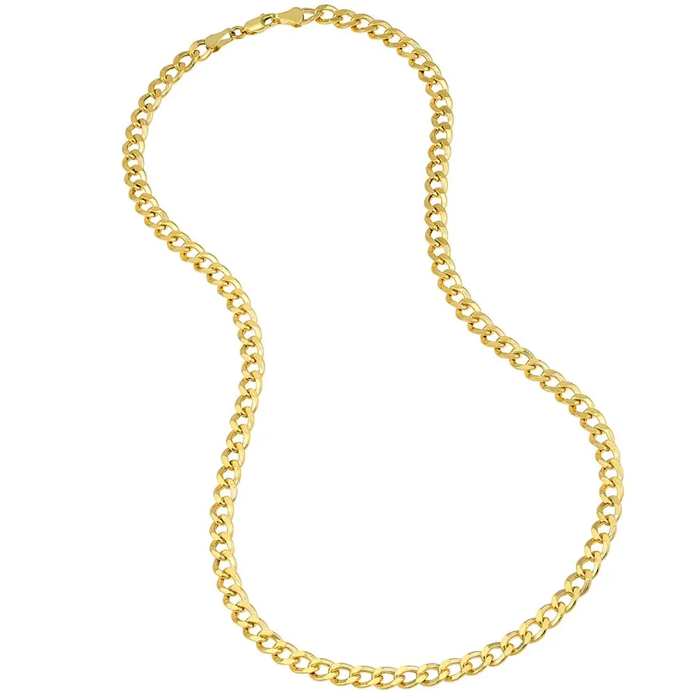 Hollow 14k Yellow Gold 3.5mm Cuban Link Curb Chain Necklace with Lobster Claw Clasp