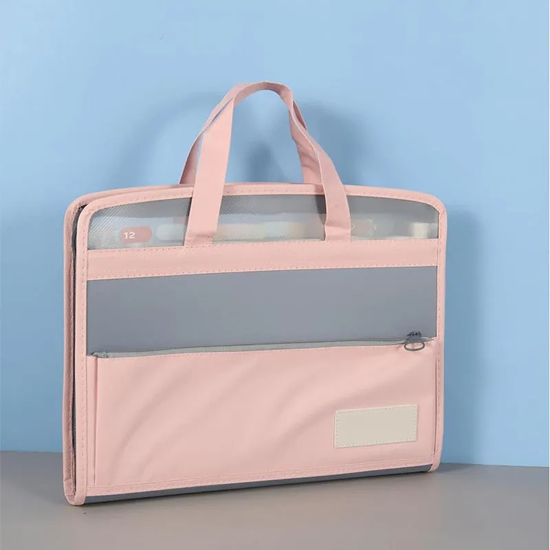 Husky Print File Folder Bag for Certificates and Documents, 13 Pockets A4 Size Expandable Folder Bag with Handle, Multi-Layer Documents Organizer Bag with Zipper (Pack of 1, Pink)