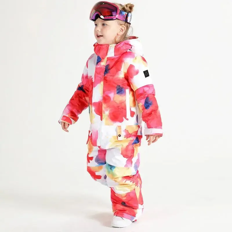 Kids Flower Printed One Piece Ski Suit