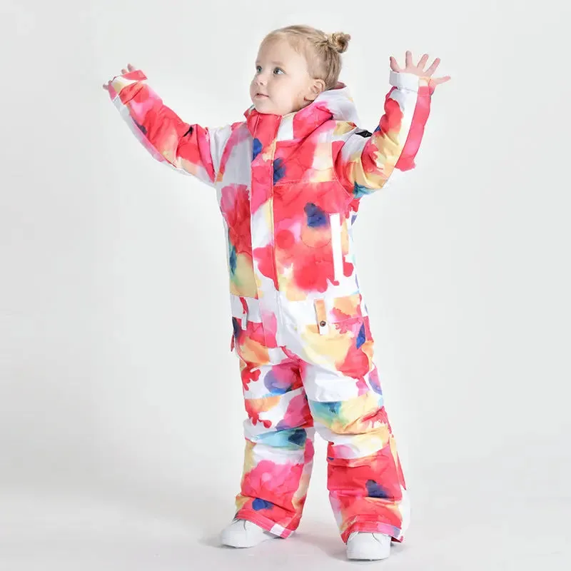 Kids Flower Printed One Piece Ski Suit