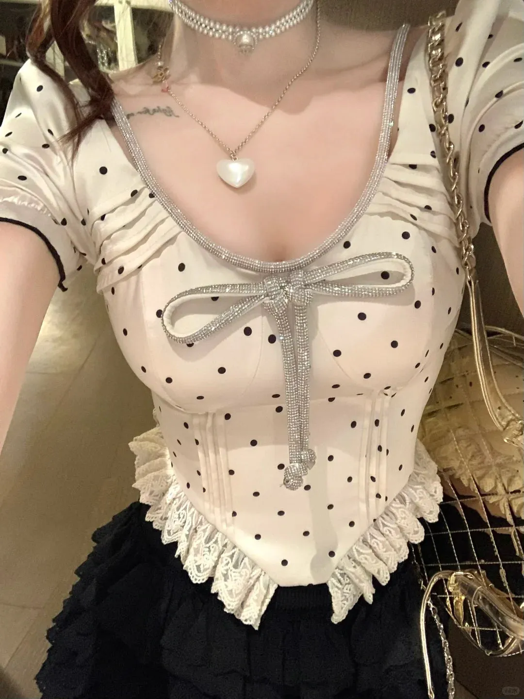 Lazy Girl Satin Polka Dot Puff Sleeve Shirt Top