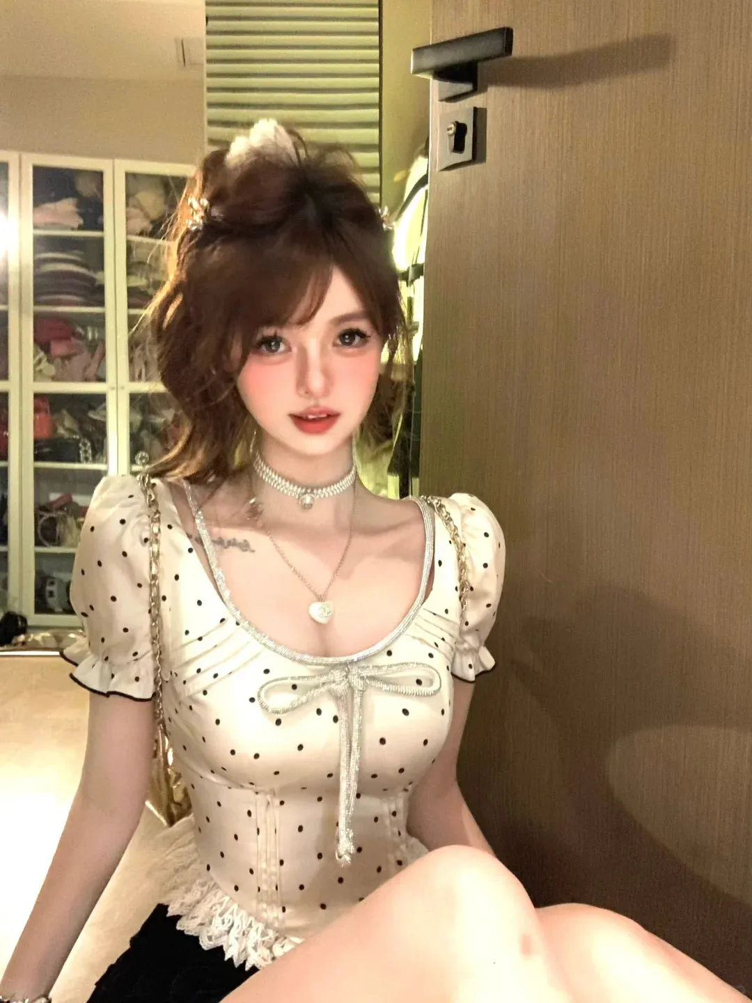 Lazy Girl Satin Polka Dot Puff Sleeve Shirt Top